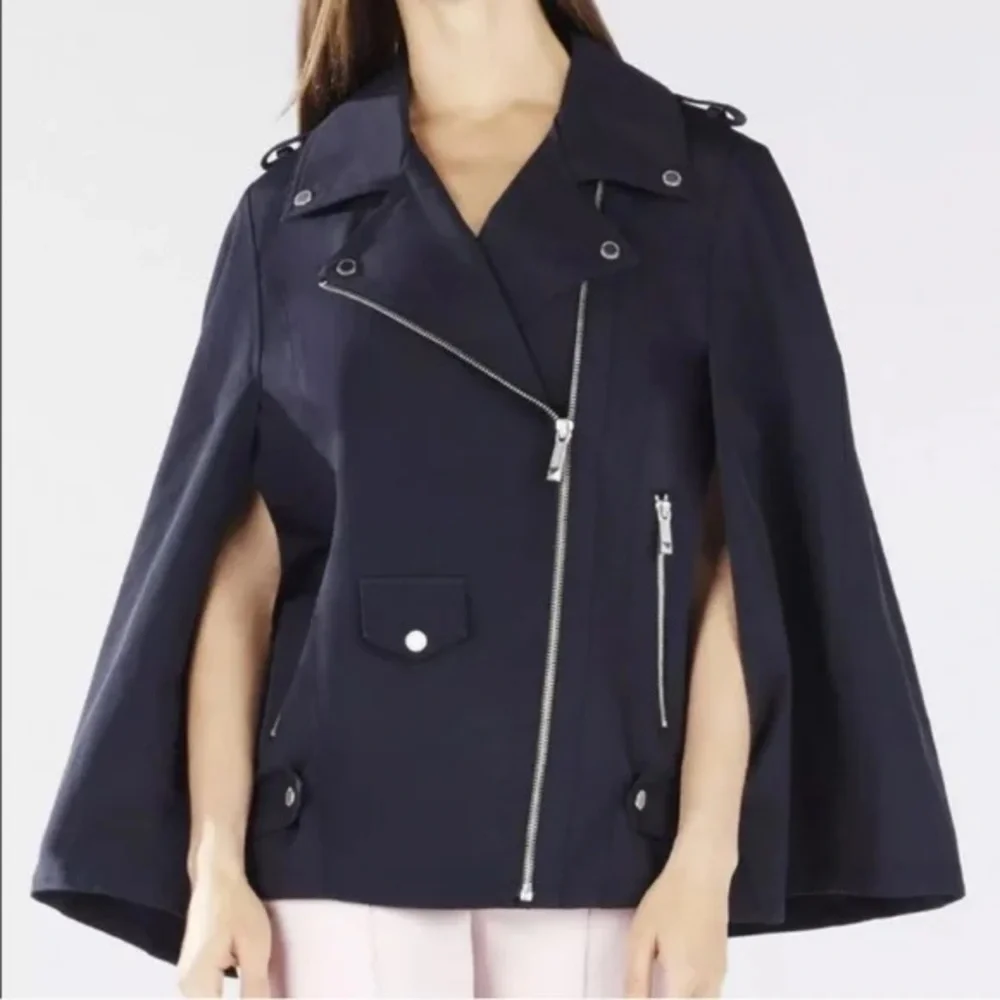 BCBGMAXAZRIA Asymmetrical Cape Sm Black Moto Poncho Jacket Structured Utility - Picture 1 of 8